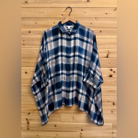 St. John Size Medium Silk Spandex Blend Plaid Lagenlook Short Sleeve Blouse - Picture 1 of 13